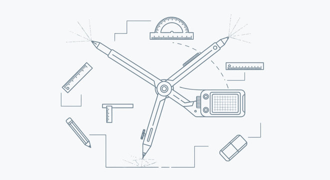 Graphic design tools scattered on a table with compass ruler pencils