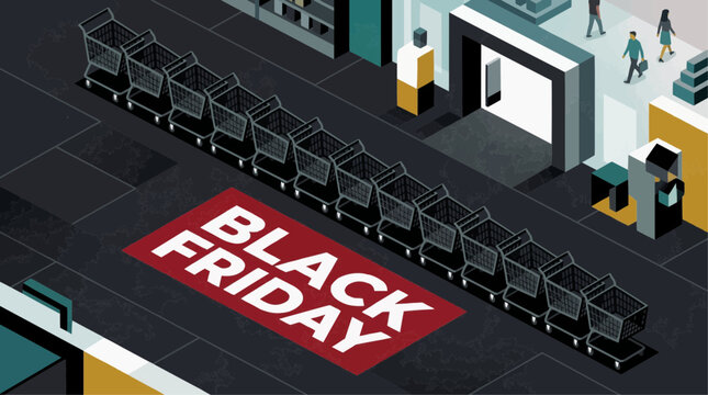 Black Friday shopping concept with a long line of empty shopping carts in a stylized isometric store environment black friday