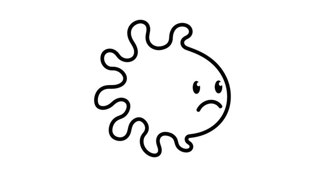 A sad virus illustration floats alone in empty space with a frowning face