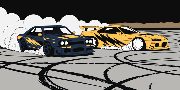 Dynamic vector illustration of two modified sports cars performing a tandem drift with smoke