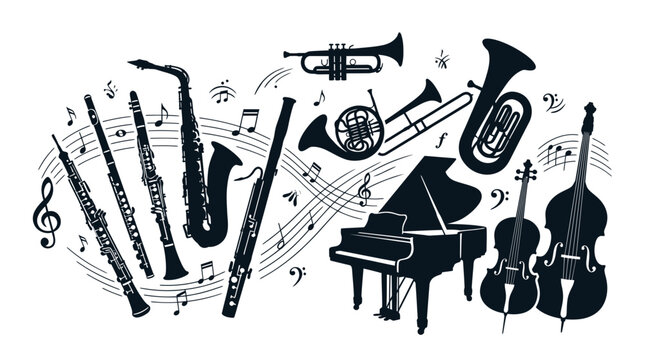 Orchestral Music Instruments Silhouette with Notes and Piano