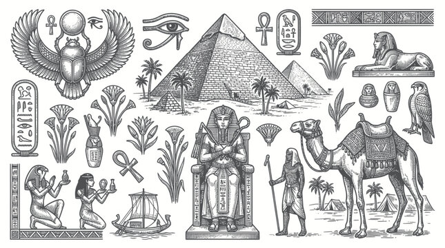 Ancient Egyptian Symbols Collection: Pyramids, Sphinx, Camel, Hieroglyphs, Pharaoh