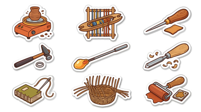 Traditional crafts and artisan tools cartoon stickers vector set
