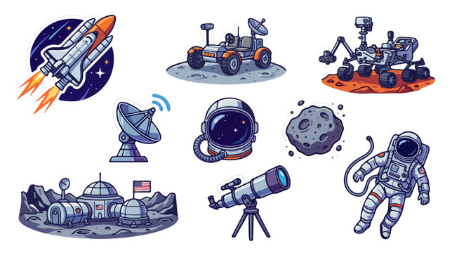 Space exploration cartoon stickers vector set
