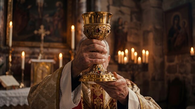 Priest raising golden chalice during Holy Communion