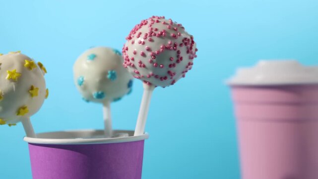 Tasty cake pops and drink on light blue background, closeup. Camera moving right