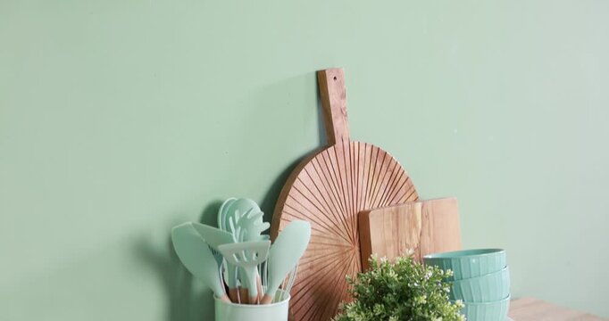 Shelf with food products, cooking oils, kitchen utensils and plant near green wall indoors, camera moving down