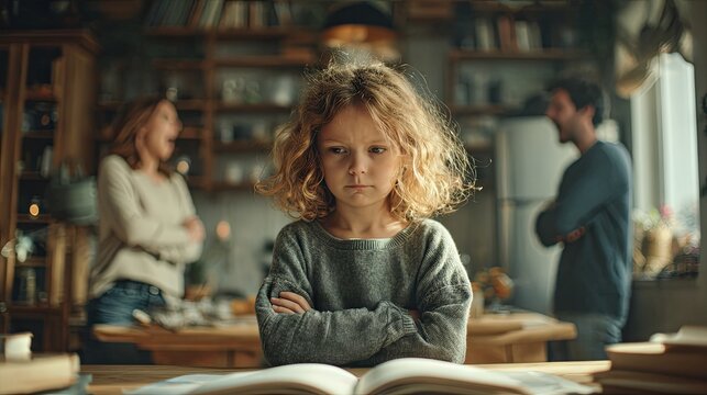A tired child struggling to complete homework at a desk while strict parents reprimand him, portraying emotional tension, family conflict, educational pressure, and a realistic home atmosphere	
