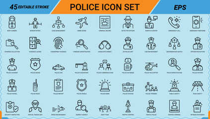 Police law enforcement line art icons set, Police officer, Police badge, Police car, Police station, Fingerprint evidence, Forensic investigation, Outline icon, Editable stroke, Vector EPS © Bellal Icon Studio
