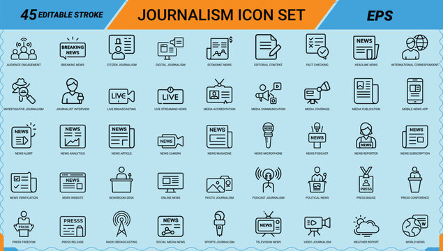 Journalism news media line art icons set, Breaking news, Live broadcasting, Press conference, News reporter, Fact checking, News microphone, Outline icon, Editable stroke, Vector EPS