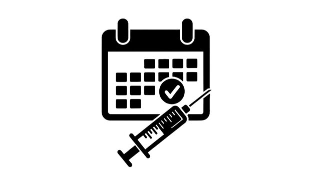 Minimal black silhouette icon, simple flat vector, bold black shape, no, no shading vaccination appointment icon, medical injection syringe with calendar on a, flat icon style