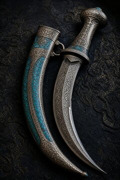 scabbard. Curved dagger with intricate arabesque patterns and turquoise inlaid scabbard. event programs, museum guides, designed for cultural heritage projects and event programs.