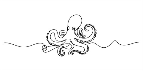 Continuous single line drawing of an octopus with tentacles © Kanu Art_Gallery