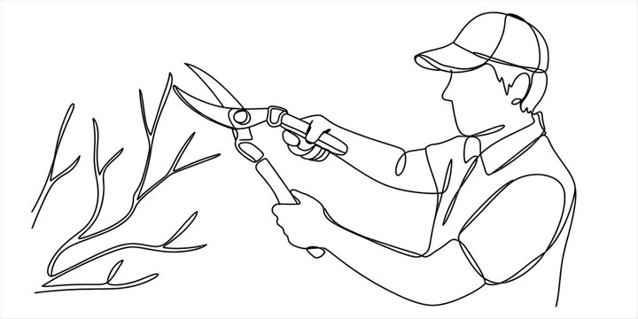 Continuous single line drawing of a gardener wearing a cap using pruning shears to trim dry tree branches in a garden