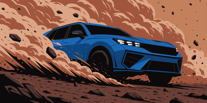 Dynamic vector illustration of a blue SUV speeding through a rocky desert landscape kicking up dust