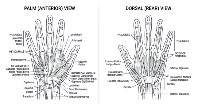Anatomy of the Human Hand: Anterior and Dorsal Views