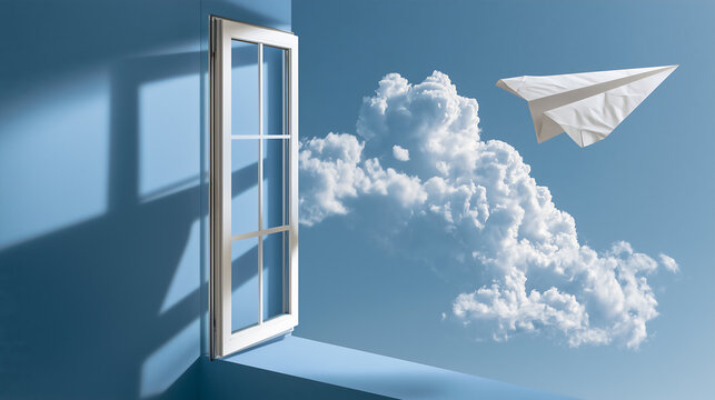 Open window to the blue sky with flying paper airplane, playful children's pastime, symbol of freedom, imagination, escape, creativity, new opportunities and the desire to push beyond one's limits