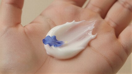 Naklejka premium Hand holds white cream with a delicate blue flower petal resting on top.