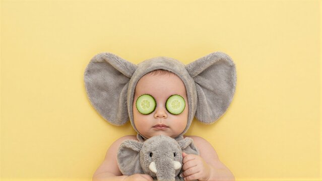 Cute baby with cucumber slices over eyes, wearing elephant hat and holding stuffed toy.
