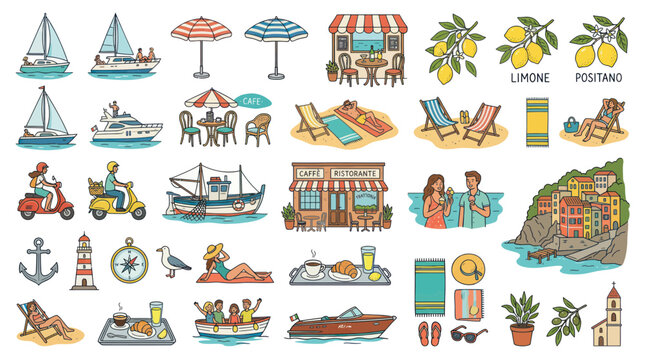 Summer Vacation Icons: Beach, Cafe, Boat, Travel, Italy, Amalfi Coast