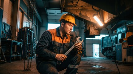 Obraz premium Industrial mechanic in hard hat repairing heavy machinery with wrench in workshop for professional maintenance and repair service
