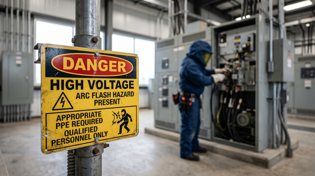 Electrician in Protective Arc Flash Suit Performing High Voltage Transformer Maintenance at Industrial Power Substation