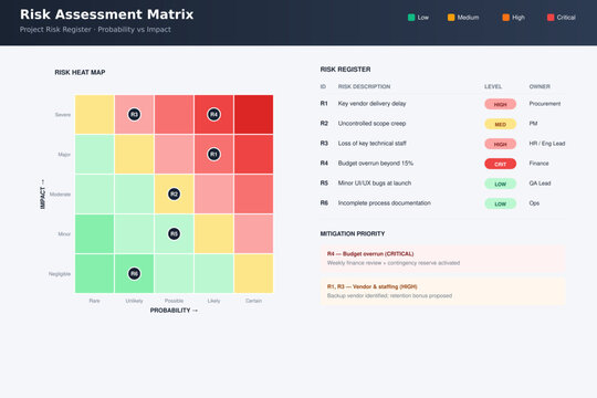  Risk Assessment Matrix Template &mdash; 5x5 Heat Map with Risk Register and Mitigation Priority