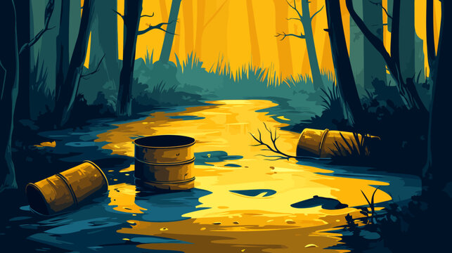 Sunlit forest river glows gold as dark trees loom, rusted barrels drift at dusk!