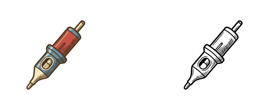 Tattoo cartridge needle illustrations in black line and flat color styles representing professional equipment used for tattooing and permanent makeup on white background