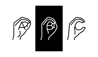 Hand gestures forming letters A B C vector line icons © Taslima
