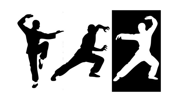 Martial arts kung fu fighters silhouettes vector set