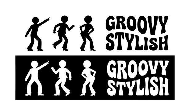 Groovy stylish retro dancers silhouette vector set with typography