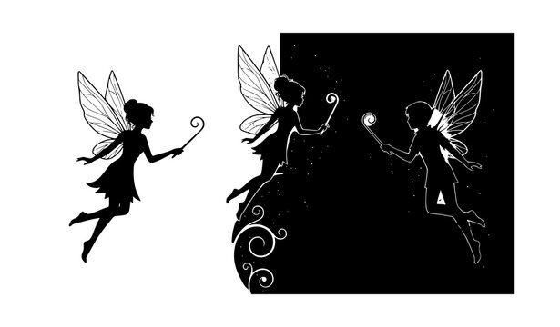 Beautiful fairy silhouettes with magic wand vector illustration