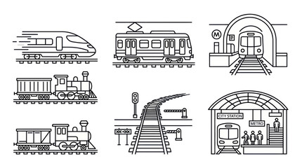 Set of linear train icons: high-speed, metro, steam locomotive, subway © jono