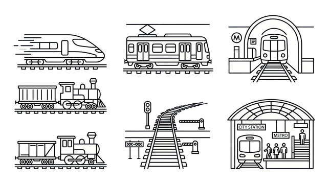 Set of linear train icons: high-speed, metro, steam locomotive, subway