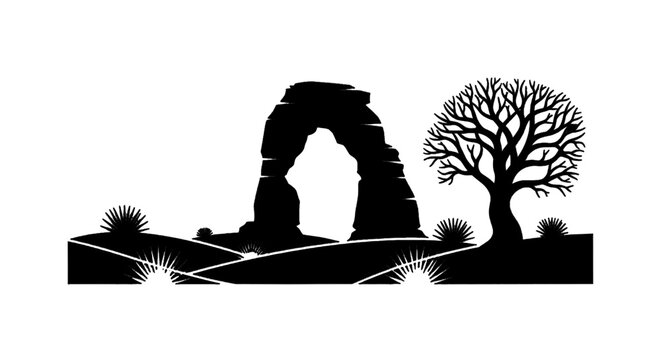 Minimal black silhouette icon, simple flat vector, bold black shape, no, no shading silhouette of delicate arch in arches national park with a desert tree on a, flat icon style