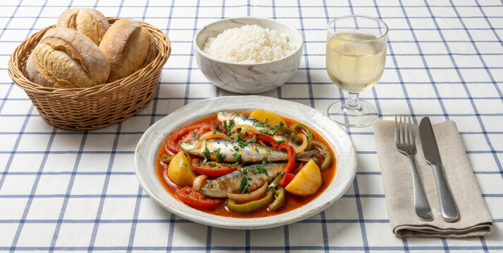 Traditional sardine stew served with white rice, bread, and a glass of wine on a checkered tablecloth