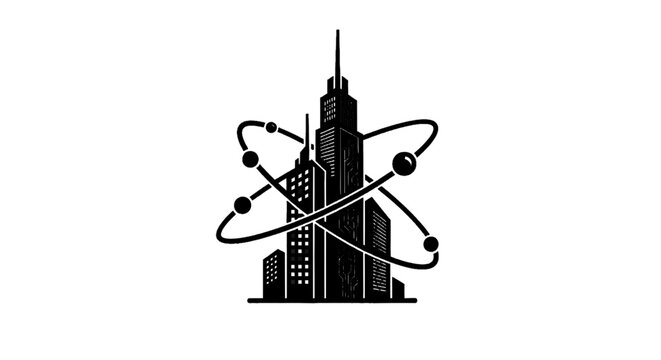 Minimal black silhouette icon, simple flat vector, bold black shape, no, no shading futuristic city skyline with atom orbit symbol icon on a, flat icon style