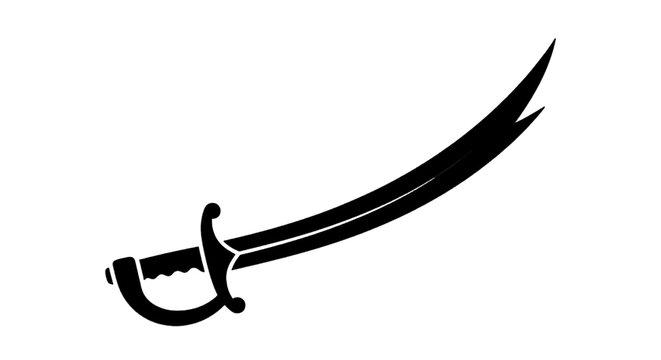 Minimal black silhouette icon, simple flat vector, bold black shape, no, no shading silhouette of a curved saber sword on a, flat icon style