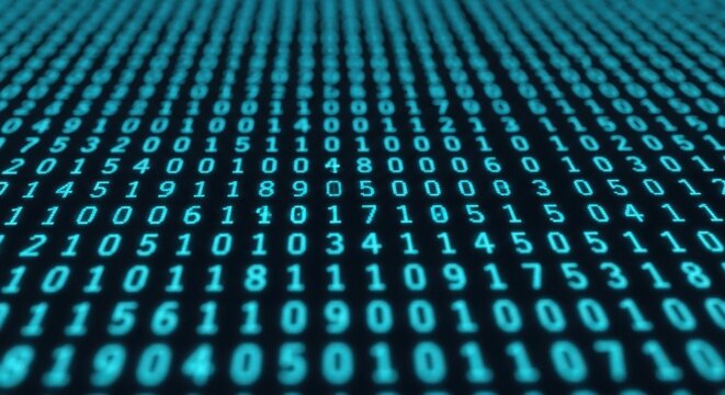 Blue digital binary code numbers flowing on a dark background illustration