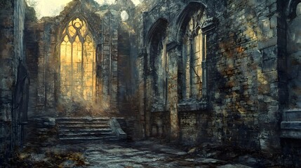 Naklejka premium Ethereal Ruins of an Abandoned Medieval Cathedral Bathed in Sunlight