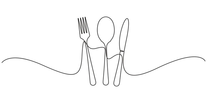 Cutlery single line drawing of restaurant fork spoon and knife vector illustration. Minimalist continuous line art vector of cutlery set for kitchen or restaurant branding
