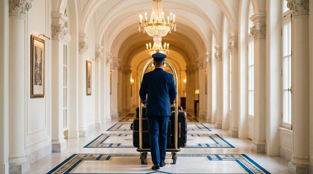 Bellhop pushing luggage cart down a grand hotel hallway with chandeliers and ornate decor