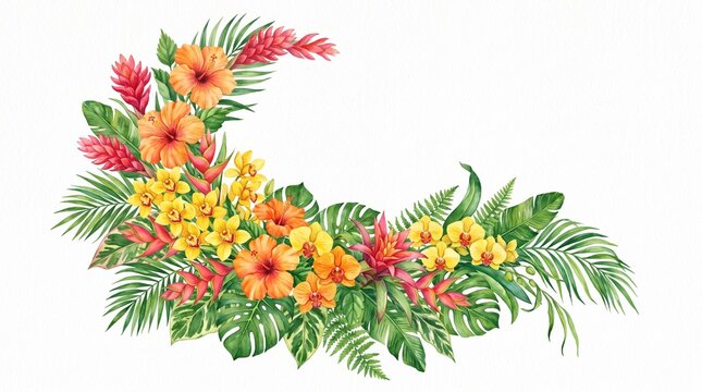 Tropical floral arrangement with hibiscus orchids bromeliads and palm leaves watercolor