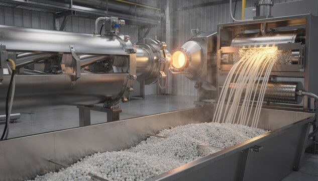Medium shot capturing a direct pelletizing line combining reactive extrusion and pellet formation seamlessly highlighting energysaving technology in polymer processing.