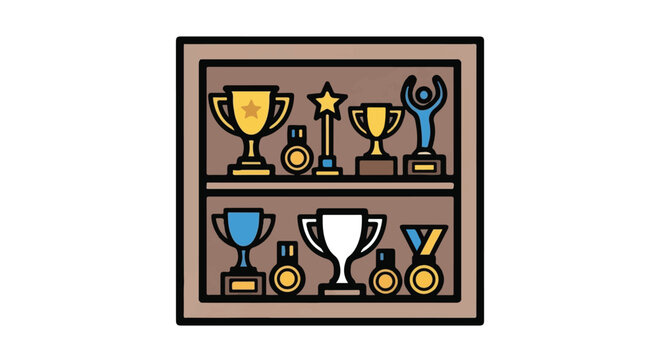Trophy case with awards and medals on wooden shelf