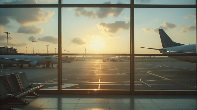 Airport terminal window view with airplane outside, soft daylight.
