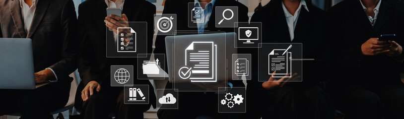 Concept of corporate compliance and quality control. Following a checklist and adhering to company...