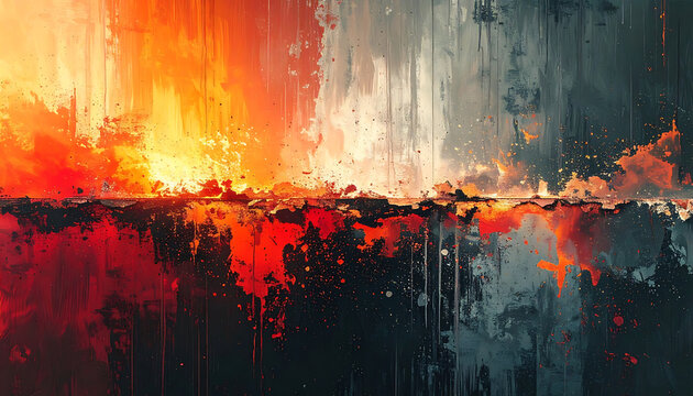 Abstract digital painting with vibrant orange and red paint drips, textured stormy horizon with dark gray gradients, emotional atmosphere