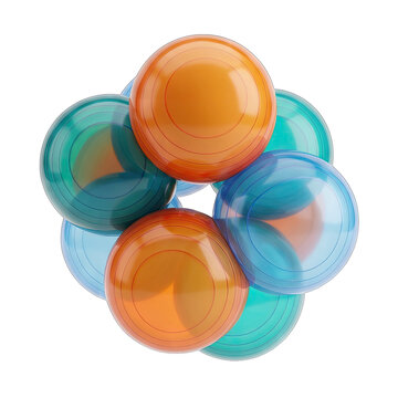 Cluster of translucent spheres in orange, teal, and blue